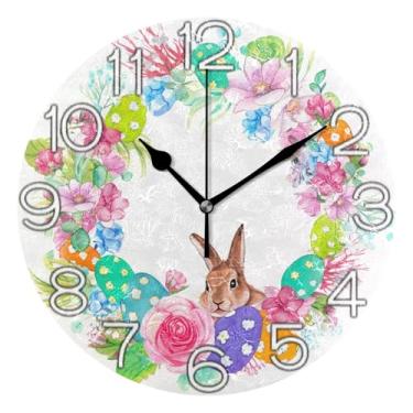 Imagem de Relógio de parede analógico decorativo relógio de cozinha rústico redondo sem tique-taque silencioso, decoração de parede retrô moderna art déco, grinalda de coelho em aquarela de Páscoa, 25 cm