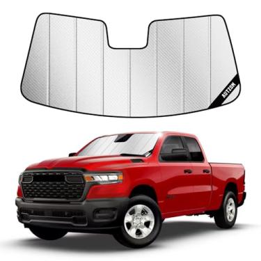 Imagem de Protetor solar para para-brisa Ram 1500, capa de para-brisa com bloqueio de UV de ajuste personalizado, persianas dobráveis para janelas de carro, RAM 1500 acessórios internos legais (prata brilhante