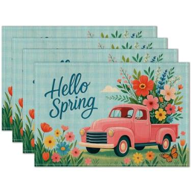 Imagem de HOMETITUTE Jogo americano Hello Spring, conjunto de 4 tapetes de mesa florais de caminhão de 30,5 x 45,7 cm para jantar, roupa de cama, decoração de cozinha de fazenda, tapete de mesa para uso ao ar