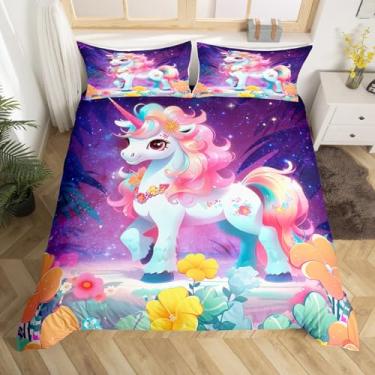 Imagem de Capa de edredom de unicórnio, tamanho Queen, capa de edredom colorida de unicórnio com 2 fronhas para adolescentes e adultos, conjunto de cama de desenho animado sonhador, galáxia respirável, 3 peças