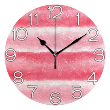 Imagem de GAIGEO Relógio de parede decorativo em aquarela listrado rosa analógico relógio de cozinha rústico estético silencioso sem tique-taque, decoração de parede vintage, sala de estar, 25 cm, ponteiros