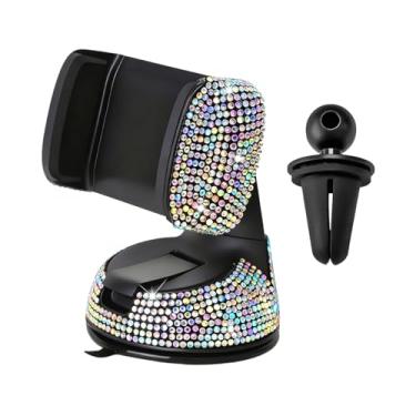 Imagem de FALVFUN Suporte de telefone de carro brilhante, suporte de celular de painel de para-brisa de veículo de strass com braçadeira, suporte de smartphone automotivo com diamante ajustável de 360°, ajuste