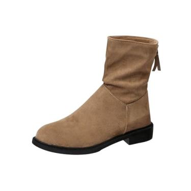 Imagem de Bota feminina de inverno casual plus size confortável bico redondo com zíper nas costas salto médio camurça, Caqui, 34