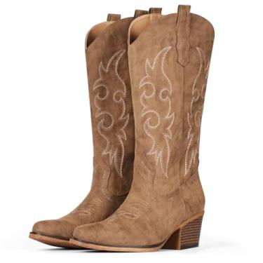 Imagem de IUV Botas de cowboy femininas Western Cowgirl, cano médio, bico curto, salto grosso, Marrom escuro, 5 Wide