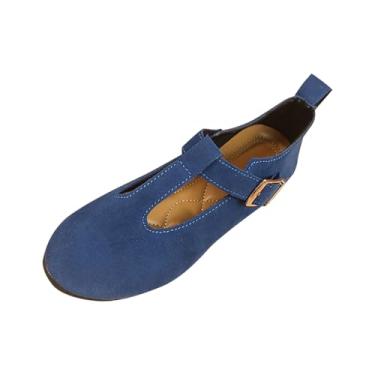 Imagem de Sandália feminina fashion casual primavera e verão confortável cor sólida bico redondo bico fechado com fivela de uma linha, Azul royal, 35