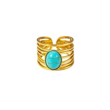 Imagem de Anel oval boho turquesa verde pedra natural declaração em camadas anel para mulheres delicado dedo aberto ajustável empilhamento polegar joias presentes festa ocidental boêmio concerto country