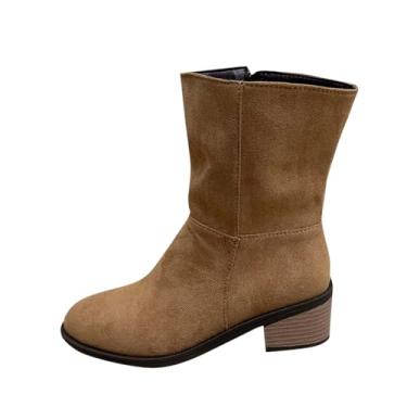 Imagem de Bota feminina fashion casual com zíper lateral camurça salto grosso fino versátil doce legal outono inverno moderno, Caqui, 35