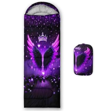 Imagem de QOOMO Sacos de dormir à prova d'água com coroa alada de desenho animado para adultos e crianças, sacos de dormir de acampamento impressos, clima quente e frio, leve, viagem e ao ar livre, equipamentos
