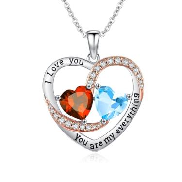 Imagem de WYDDO Colar de coração para mulheres, ouro rosa 14K, pingente de pedra do mês de nascimento duplo, ideal para aniversário, dia dos namorados, presente de Natal para sua esposa, mãe, filha, Base