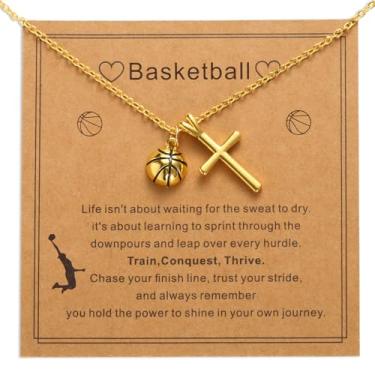 Imagem de Colar Pingente Esportivo Dourado, Colar Pingente Cruz Dourada Joia de Tema Esportivo com Cartão para Presente Aniversário Natal Dia dos Namorados Páscoa Batizado Formatura(Basquete)