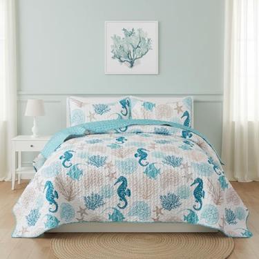 Imagem de Soul & Lane Conjunto de colcha de praia – solteiro e 1 fronha, colcha temática costeira e oceano com design de estrela do mar, colcha de praia leve, conjunto de edredom náutico acolchoado, beleza