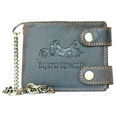 Imagem de Carteira de couro natural motociclista Born to be selvagem com motocicleta e com corrente de metal