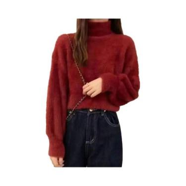 Imagem de Suéter De Inverno Feminino De Lã Imitada De Mink Com Gola Alta, Tricot