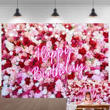 Imagem de Raelith Pano de fundo de feliz aniversário de flor rosa, floral rosa, letreiro de aniversário de néon, decoração para mulheres, faixa de festa, adereços para fotos, fotos, fotos, fotos, fotos