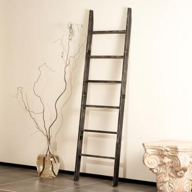 Imagem de Escada de cobertor para sala de estar, suporte de colcha decorativo de madeira para quarto, toalheiro de madeira inclinado para banheiro, escadas rústicas de fazenda para exibição. (lavagem preta)