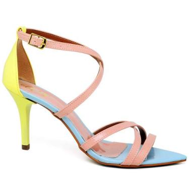 Imagem de Sandália Feminina Salto Médio Fino Preto Bico Folha Manta Strass - ELL