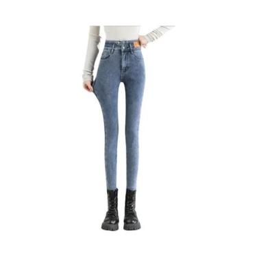 Imagem de Calças Jeans Femininas De Inverno Com Forro De Lã, Cintura Alta, Térmi