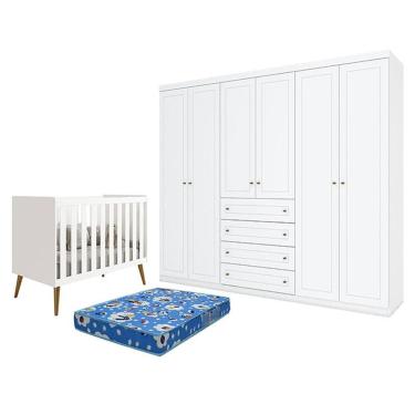 Imagem de Berço Americano Isis Branco Acetinado - Reller e Guarda Roupa Casal Americano 6 Portas Branco HP e Colchão Ortobom - Henn