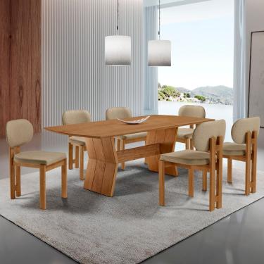 Imagem de Mesa Portugal Tampo Laminado Barril 6 Cadeiras Nala Moderna Ambar/imbuia Nat/cinam. Imbuia