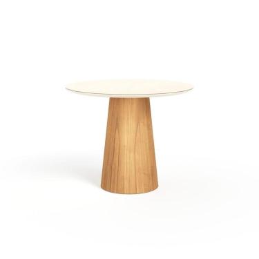 Imagem de Mesa De Jantar Redonda 100cm Scandi 4 Lugares Lamina Natural De Madeira Off White Vidro