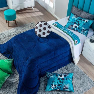 Imagem de Kit Coberdrom Futebol Azul Marinho C/ Almofada Solteiro 03 Peças - Dupla Face Sherpa E Mantinha