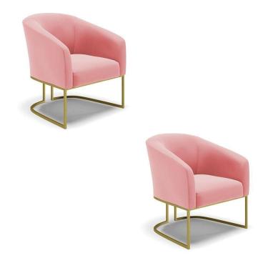 Imagem de Cadeira Sala De Jantar Base Industrial Dourado Kit 2 Stella Suede D03 - D`rossi Cor Rose