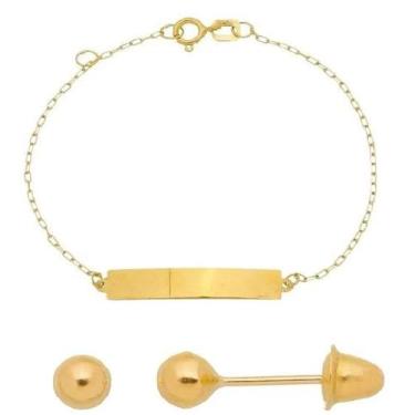 Imagem de Pulseira Infantil Ouro 18k Chapinha + Brinco Bolinha 3mm - Ishizaki Al