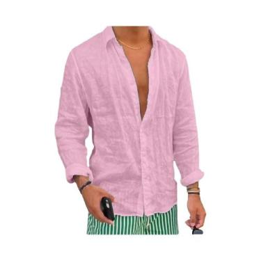 Imagem de Camisa Masculina Slim Fit De Algodão E Linho Manga Longa Casual Cor Só