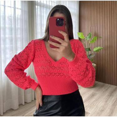 Imagem de Blusa Cropped Rendada Basica Tricot - Calu Tricot, Laranja neon, 36-42