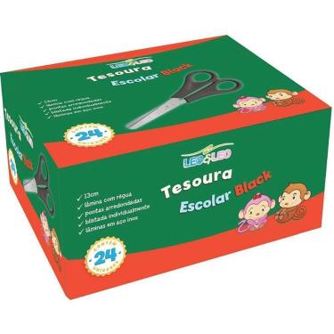 Imagem de Tesoura Escolar Leonora Preta 13cm com Ponta Arredondada e Escala 5cm Caixa 24 Unidades