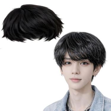 Imagem de Peruca Masculina Curta Estilo Coreano Kpop de Fibra Sintética Preta Extra Festas