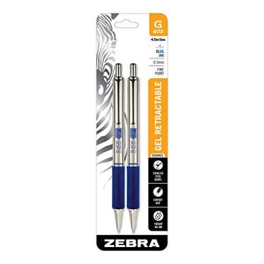 Imagem de Zebra Pen Caneta de gel retrátil G-402, barril de aço inoxidável, ponta fina, 0,5 mm, tinta azul, pacote com 2 (49922)