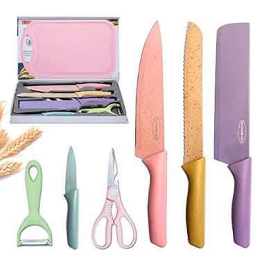 Imagem de Conjunto de 7 facas de cozinha coloridas com caixa de presente, lâminas antiaderentes com aço inoxidável de , conjunto de facas de cozinha wookon Sharp Chef, incluindo um descascador, tesoura e tábua de cortar