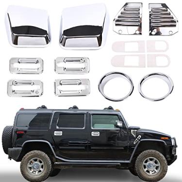 Imagem de PIUGILH Conjunto completo de 14 peças para decoração externa Hummer H2 2003-2009, cobertura de ventilação de capô de admissão de ar lateral, maçaneta da porta externa e tampa de luz de neblina dianteira, agradável e elegante, prata