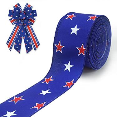 Imagem de 4 de julho fita de juta patriótica fitas de borda com fio amecicano vermelho branco estrelas azul fundo fita dia da independência Memorial Day artesanato DIY decorações de embrulho de presente 6,3 cm x 10 jardas