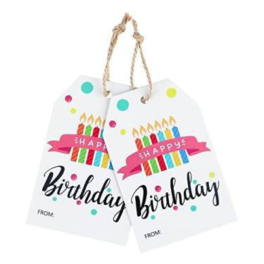 Imagem de Etiquetas de presente de feliz aniversário com cordão, 100 velas coloridas presentes de aniversário para crianças, etiquetas personalizadas com furos para chá de bebê, adulto, meninos ou meninas sacolas de presente de festa de aniversário (8,3 cm x 5,3 cm)