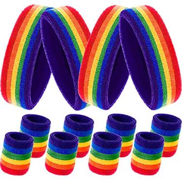 Imagem de Bememo Conjunto de 4 conjuntos de faixas de suor listradas, faixas esportivas e faixas de cabeça conjunto de algodão colorido, Memorial Day patriótico 4 de julho, estilo bandeira americana do dia da