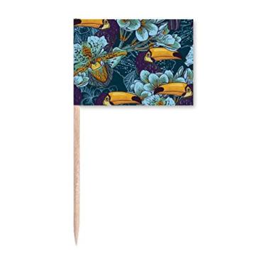 Imagem de Bandeiras de palito de dente de animal com padrão contínuo de pássaro de orquídea, enfeite de festa