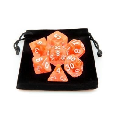 Imagem de Kit 7 Dados RPG de Mesa Translucido Acrilico Conjunto D4 D6 D8 D10 D10% D12 D20 Cor LARANJA + 1 Dice Bag