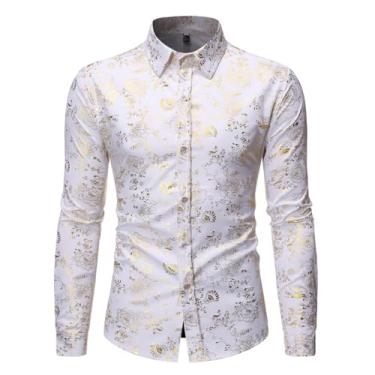 Imagem de Camisa masculina casual com gola de lapela estampada em bronze camisa floral de manga comprida com botões, Branco, M