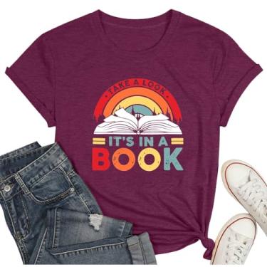 Imagem de WEITUN Camiseta feminina Take a Look It's in a Book Funny Reading Rainbow Graphic T-Shirt Book Lover Gift Tops, Roxa, G