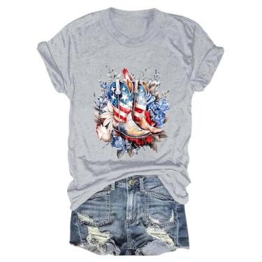 Imagem de Camisetas femininas de 4 de julho, roupa do Dia do Memorial Day, camisetas soltas casuais para férias patriônticas, Cinza, XXG
