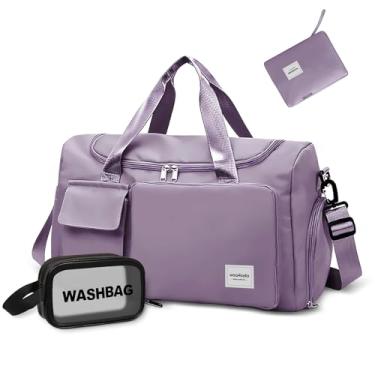 Imagem de WOOMADA Bolsa esportiva dobrável de viagem com compartimento para sapatos, bolsa noturna com bolso molhado e manga de carrinho, bolsas femininas impermeáveis e resistentes a rasgos, Roxo acinzentado,