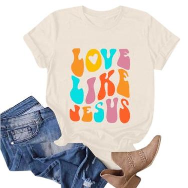 Imagem de Camiseta Jesus Loves You de manga curta com estampa de Jesus, leve, básica, férias, casual, manga curta, dizeres abençoados, 08 - Bege, XXG