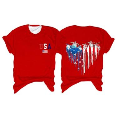Imagem de Camiseta feminina Dia da Independência com a bandeira dos EUA de manga curta com estampa de tartarugas coração 4 de julho, Vermelho, M