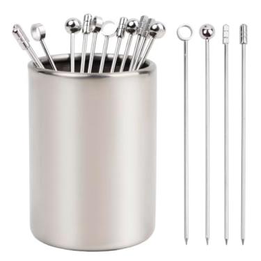 Imagem de Lexenic Conjunto de 4 palhetas de coquetel de metal de 11 cm + kit de suporte, conjunto de espetos de aperitivos reutilizáveis de aço inoxidável 304 premium para sanduíches, lanches de churrasco,