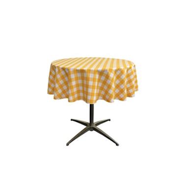 Imagem de LA Linen Toalha de mesa redonda quadriculada de poliéster, 147 cm, amarelo escuro/branco