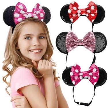 Imagem de Bandanas clássicas de bolinhas Minnie Ears com laço de lantejoulas brilhantes (3 peças) – orelhas de rato para meninas e mulheres – faixa elástica ajustável, sem dor de cabeça, glitter completo