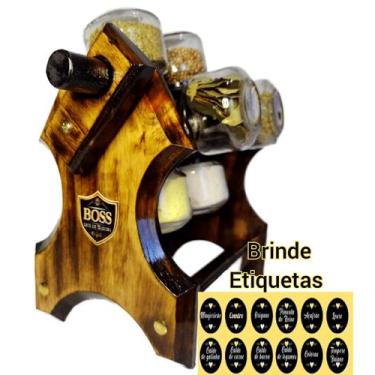 Imagem de Porta Tempero Giratório com Manivela 08Potes - Boss Arte em Madeira