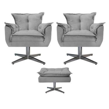 Imagem de Kit 02 Poltronas e Puff Opala Base Giratória de Metal Suede Cinza - DA